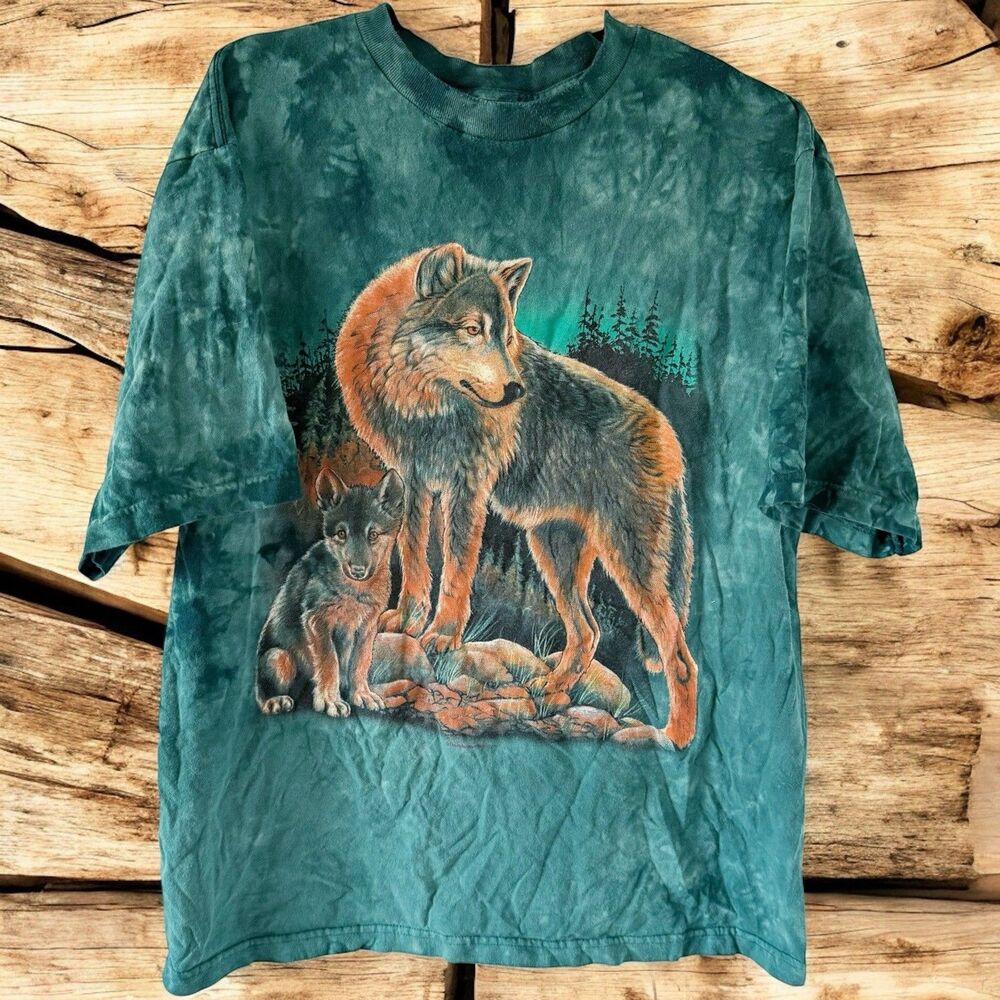 Vintage 90’s Thunder Sportswear Nature Wildlife Wolf Tee Shirt Green Tie Dye L